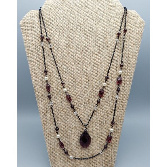 Black Gun Metal Purple Bead Pendant Double Strand Necklace & Earring Set 24" - Picture 3 of 10